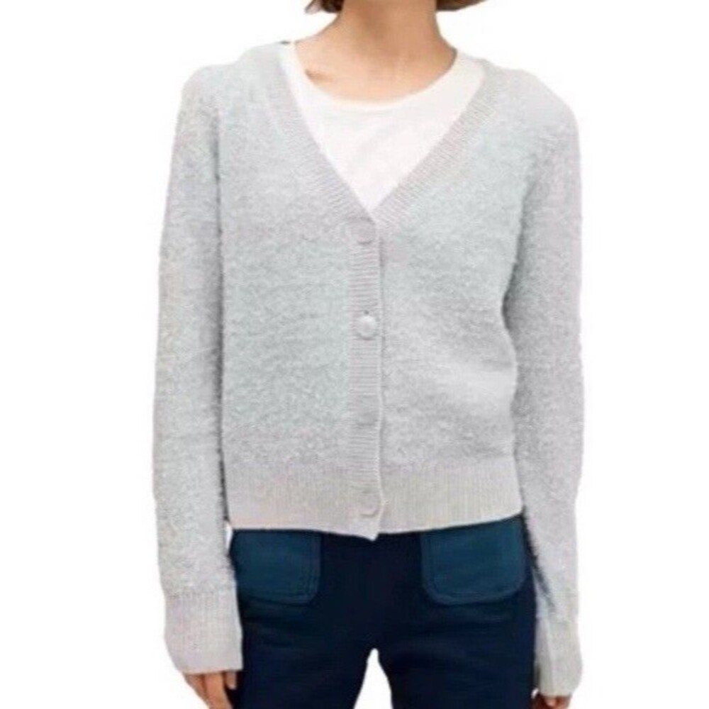 KIKIT Women Maurice Sasson cardigan Sweater Grey  silver  button Ramie Cotton L